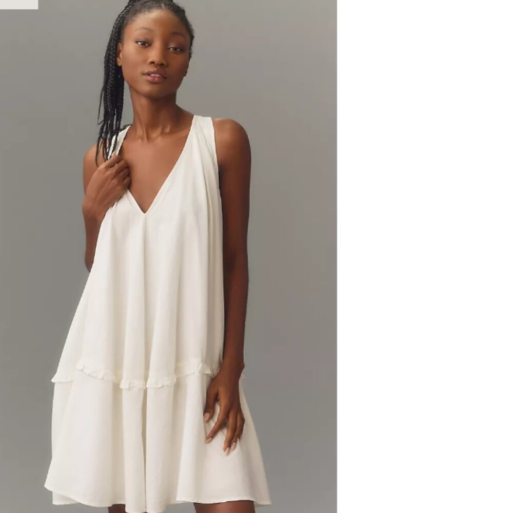 Anthropologie Cream V-Neck Tiered Mini Dress